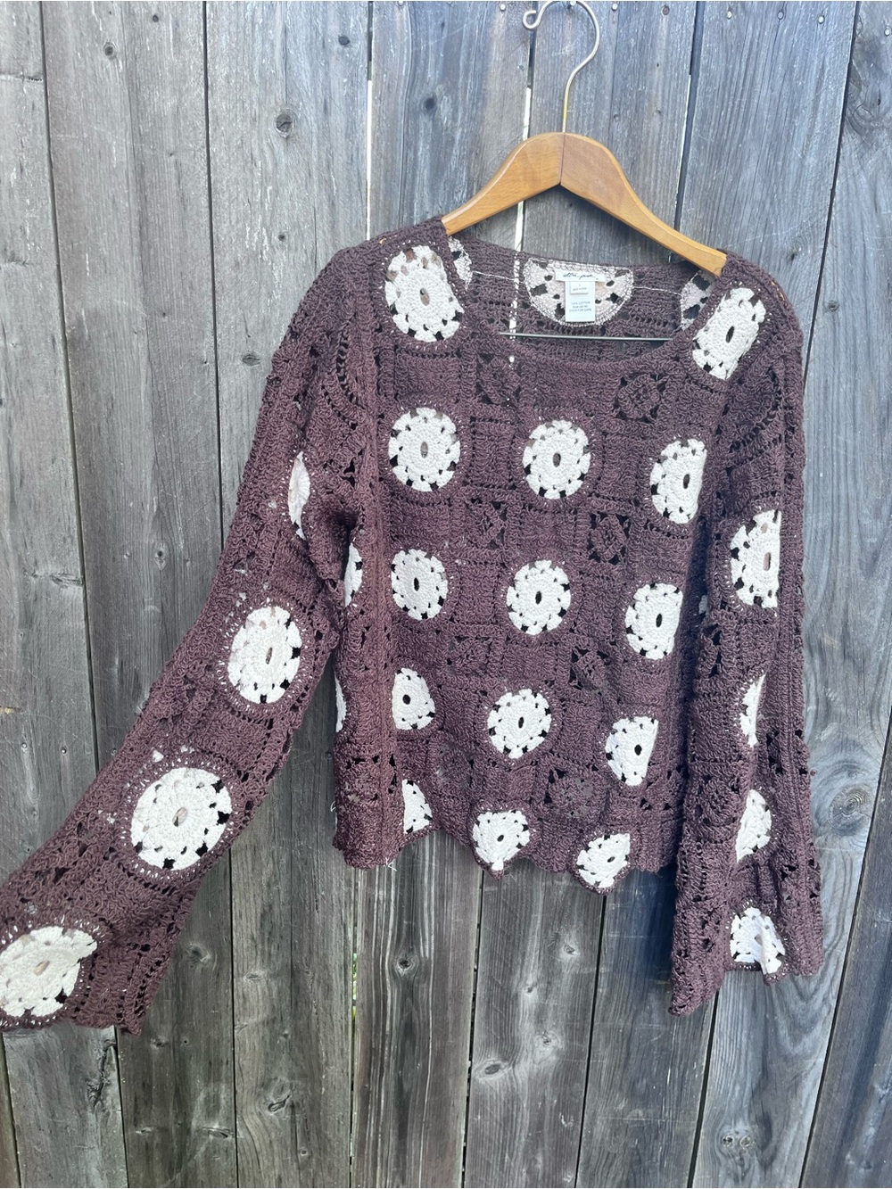 Brown Crochet Sweater with Cream Flowers